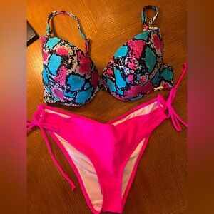 Women's Pink Tie-Side Bikini Bottom with Blue/Pink Printed Bikini Top